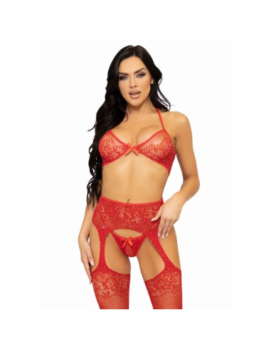 LEG AVENUE - SET TRE PEZZI REGGISENO, PERING E CALZA TAGLIA UNICA - ROSSO