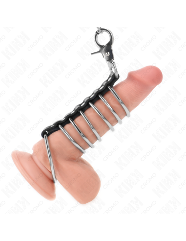 KINK - 7 ANELLI PER PENE IN METALLO DA 3,8 CM A 5 CM COLLEGATI CON PELLE E CATENA IN METALLO 100 CM