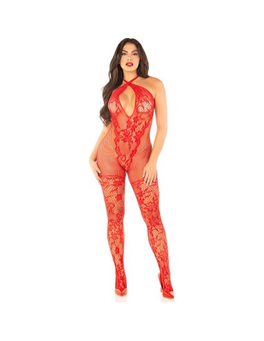 LEG AVENUE - BODYSTOCKING A MAGLIA CON STAMPA A FIORI ROSSO TAGLIA UNICA